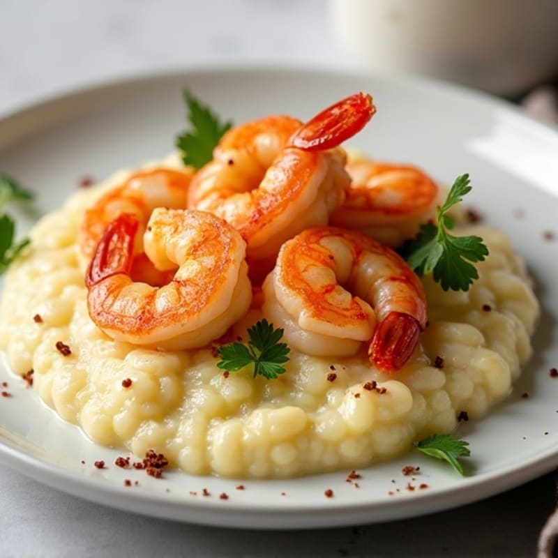 Creamy Cauliflower Grits with Spiced Garlic Shrimp