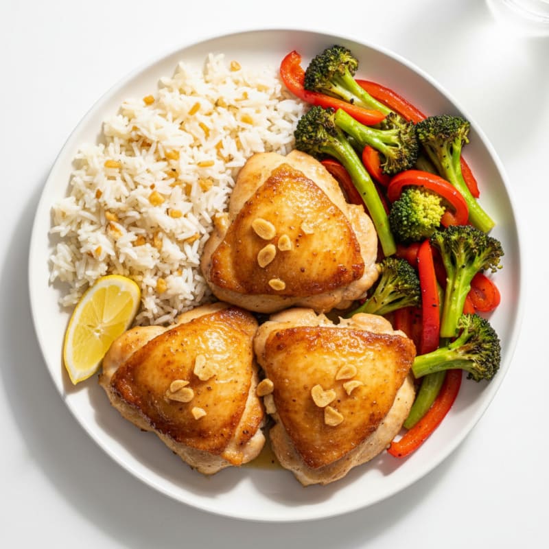 Seared Chicken Thighs with Garlic Rice and Roasted Vegetables