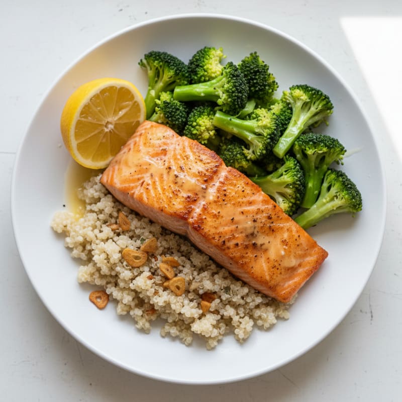 Seared Salmon with Steamed Broccoli and Garlic Quinoa