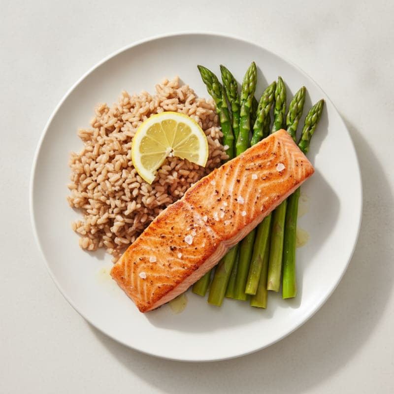 Seared Salmon Fillet with Steamed Asparagus and Brown Rice