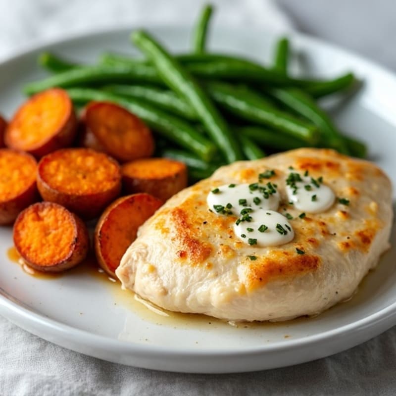 Creamy Vanilla-Kissed Chicken with Roasted Sweet Potatoes and Green Beans