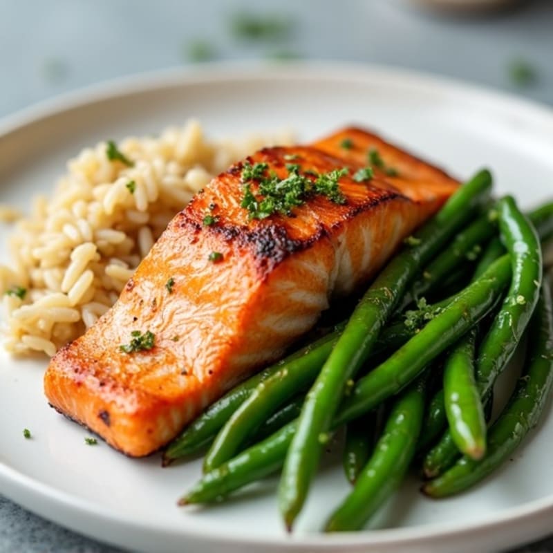 Seared Salmon Fillet with Garlic Green Beans and Brown Rice