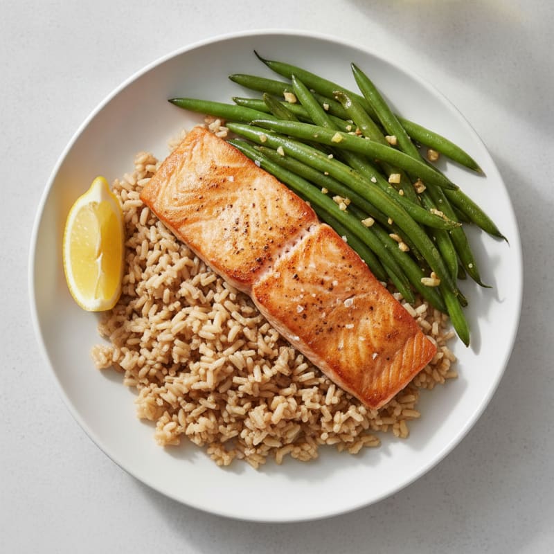 Seared Salmon with Garlic Green Beans and Brown Rice