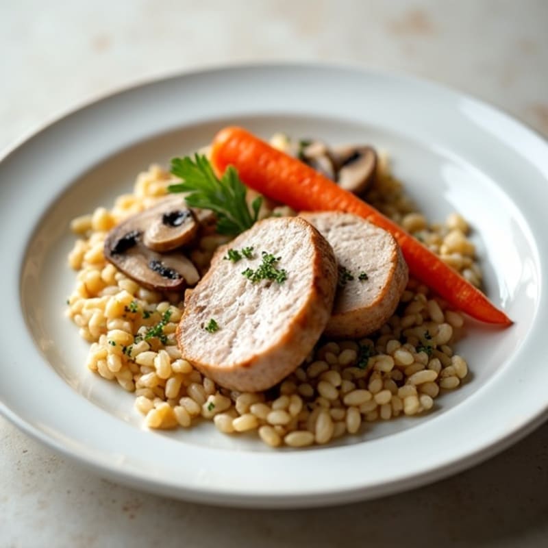 Pan-Seared Pork Tenderloin with Creamy Mushroom Risotto and Roasted Carrots