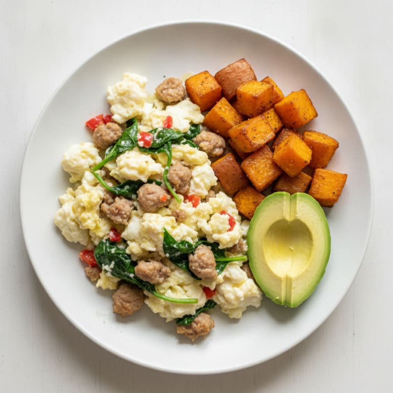 Egg White Scramble with Turkey Sausage and Roasted Sweet Potato