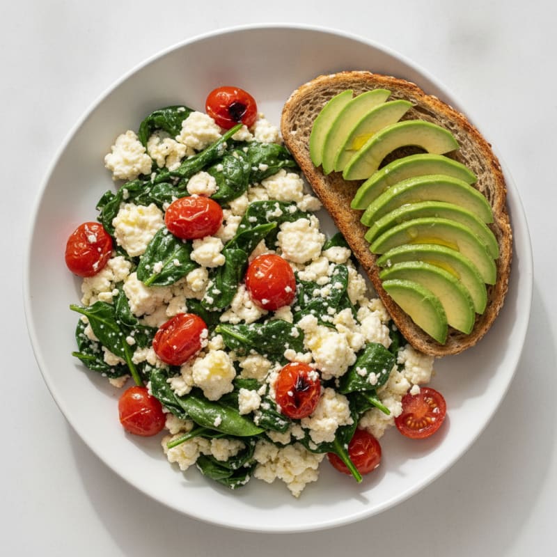 Egg White and Cottage Cheese Scramble with Spinach and Cherry Tomatoes
