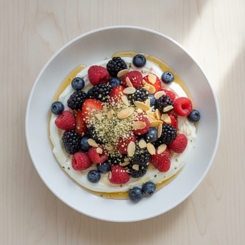 Silky Greek Yogurt Bowl with Hemp Seeds and Mixed Berries