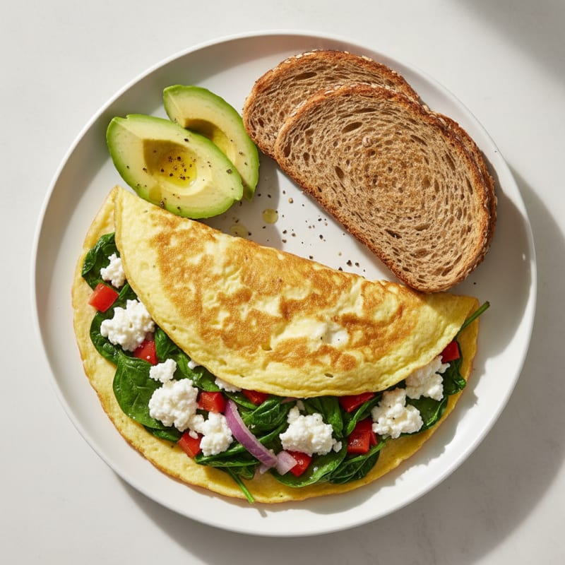 Egg White Veggie Omelet with Cottage Cheese and Sautéed Spinach