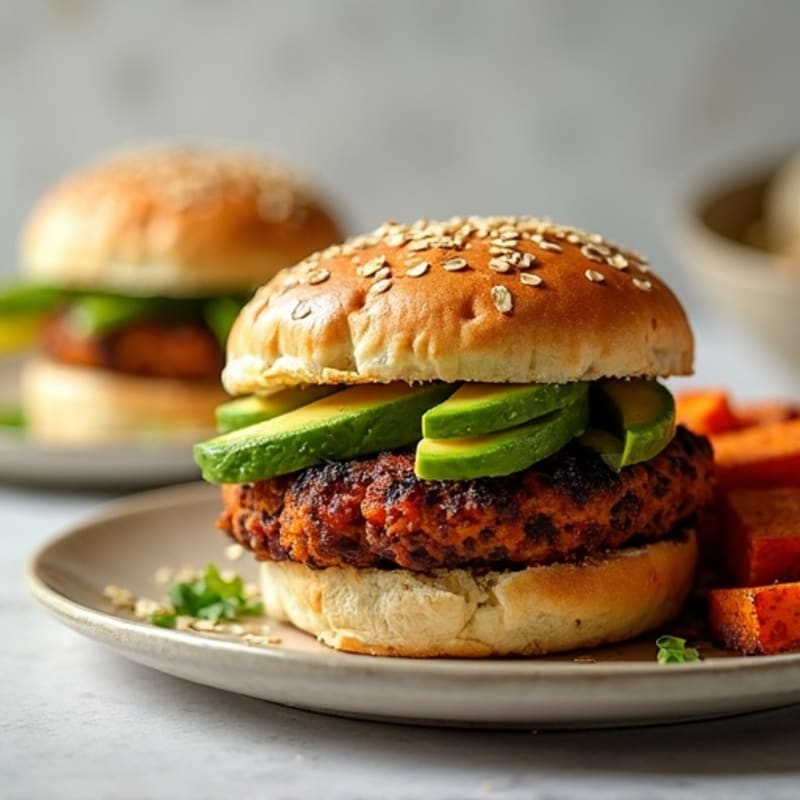 Smoky Crispy Black Bean Burgers with Fresh Avocado and Roasted Sweet Potato Fries
