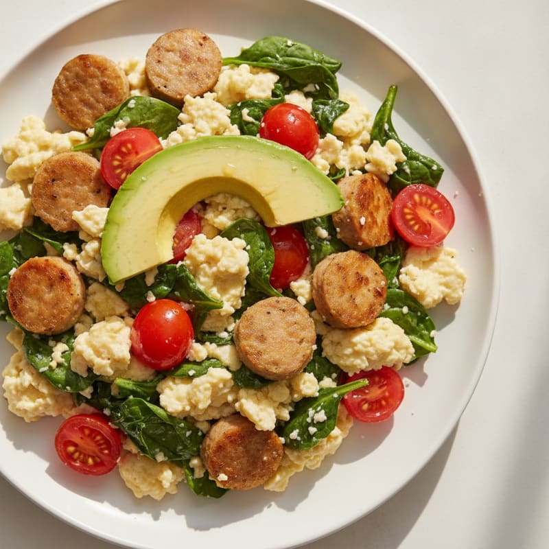 Egg White and Chicken Sausage Scramble with Spinach and Tomatoes