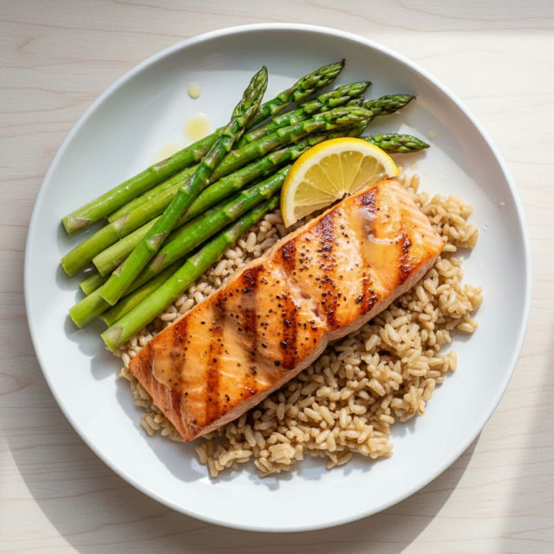 Seared Salmon with Steamed Asparagus and Brown Rice