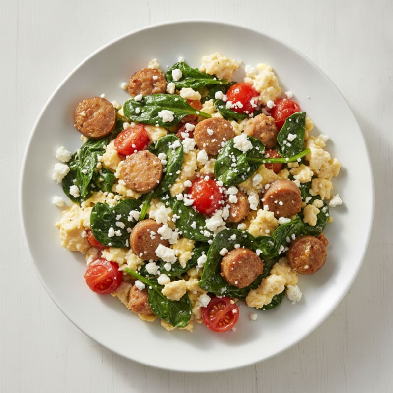 Scrambled Egg Whites with Turkey Sausage and Sautéed Spinach