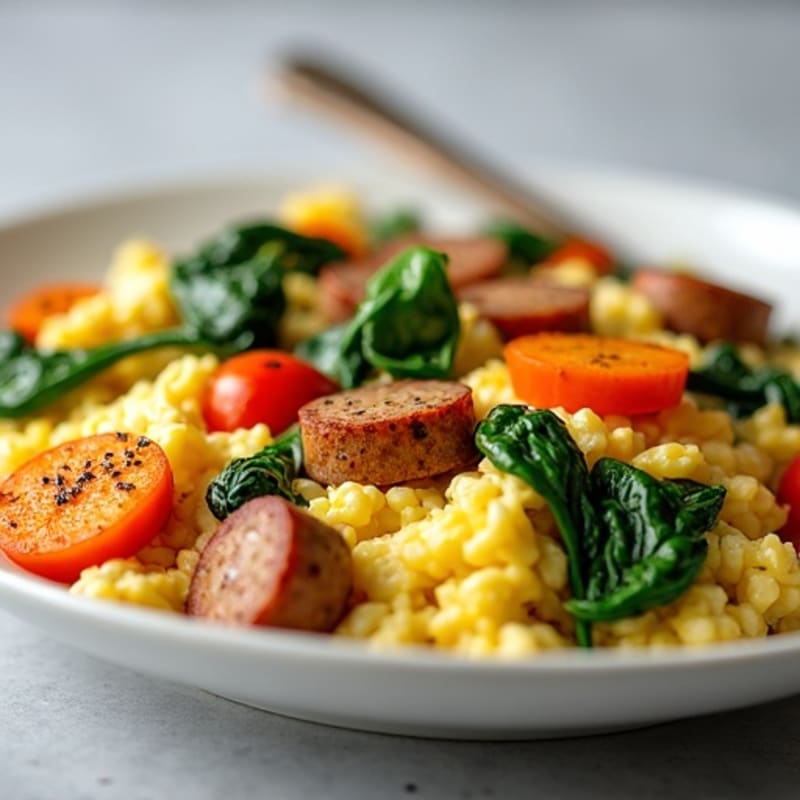 Egg White and Turkey Sausage Scramble with Spinach and Roasted Sweet Potatoes