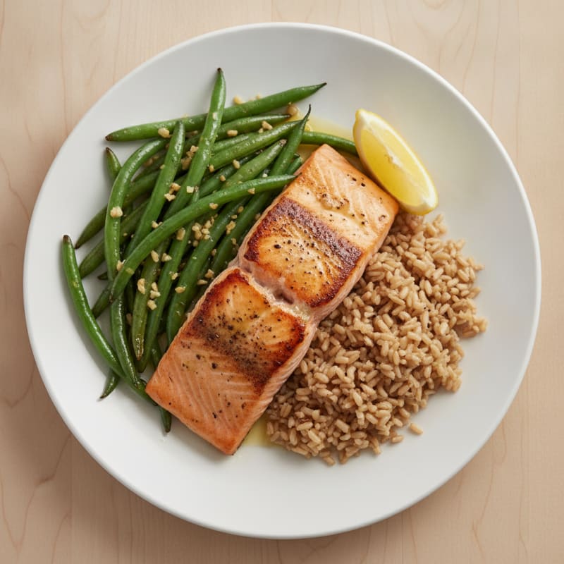 Seared Salmon Fillet with Garlic Green Beans and Brown Rice
