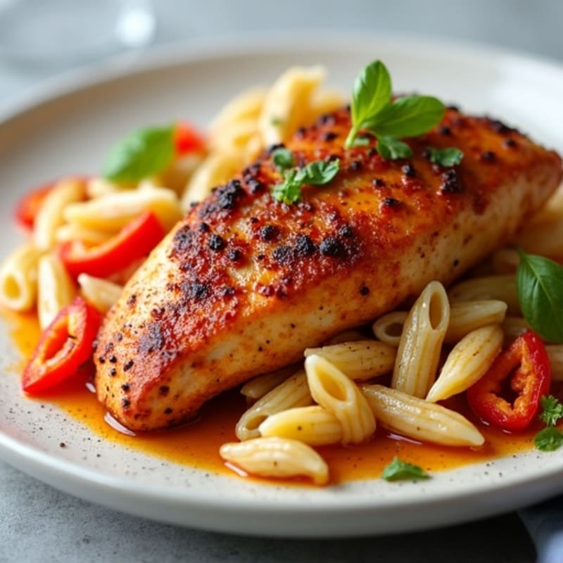 Spicy Cajun Chicken with Creamy Whole Wheat Pasta and Crispy Bell Peppers
