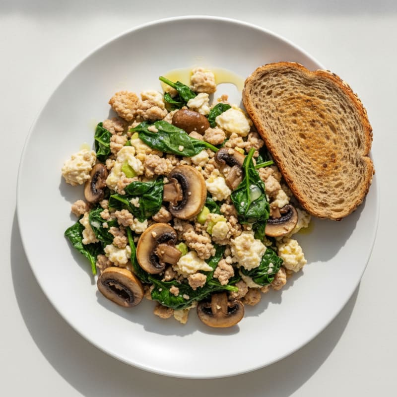 Egg White and Turkey Spinach Scramble with Sautéed Mushrooms