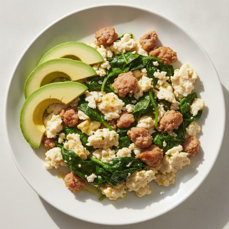 Scrambled Egg Whites with Turkey Sausage and Sautéed Spinach