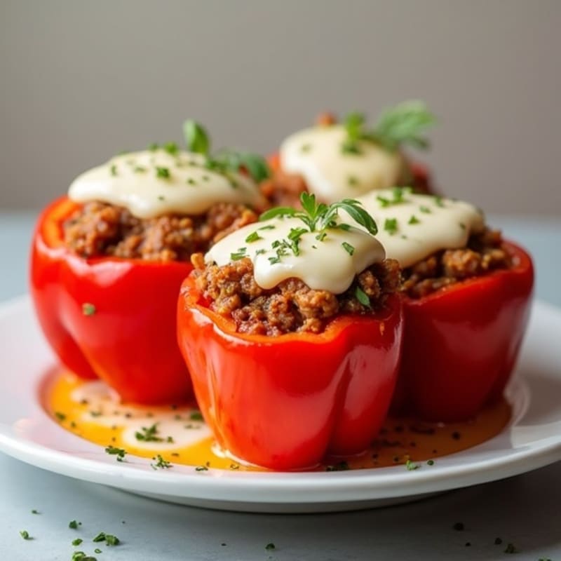 Hearty Stuffed Bell Peppers with Lean Ground Beef, Turkey Sausage, and Melted Mozzarella