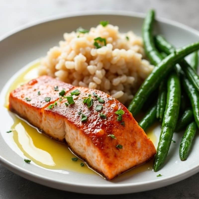 Seared Salmon with Steamed Green Beans and Brown Rice
