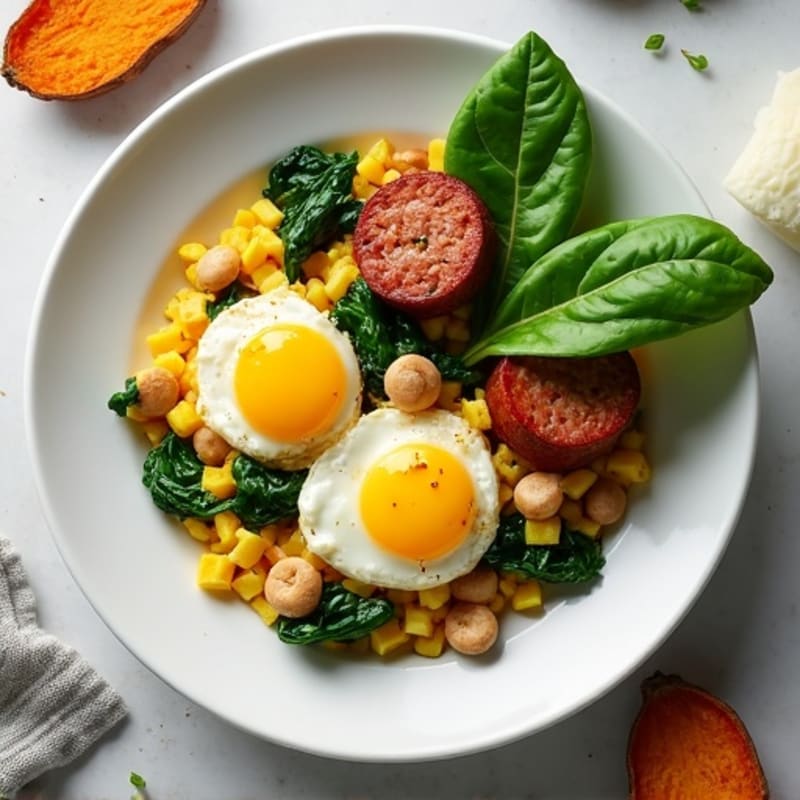 Egg White and Turkey Sausage Scramble with Spinach and Roasted Sweet Potato