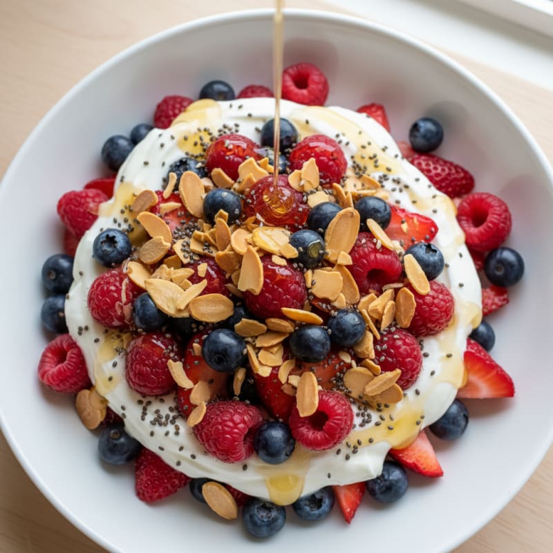High-Protein Greek Yogurt Parfait with Mixed Berries and Almonds