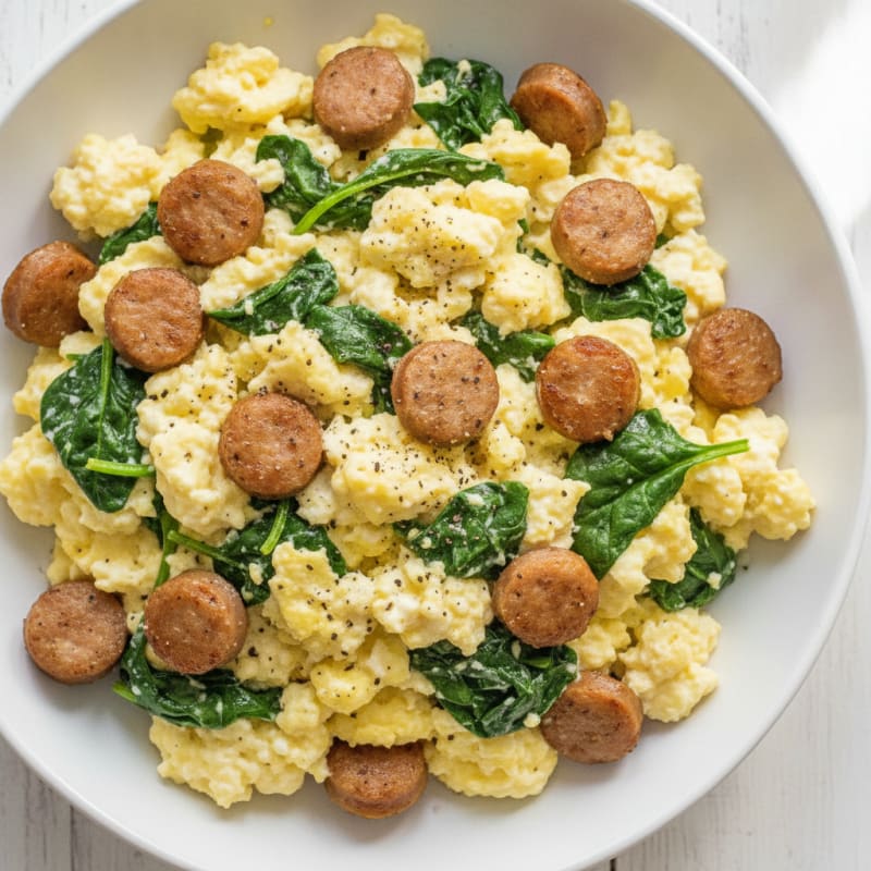 Cottage Cheese Scramble with Turkey Sausage and Spinach