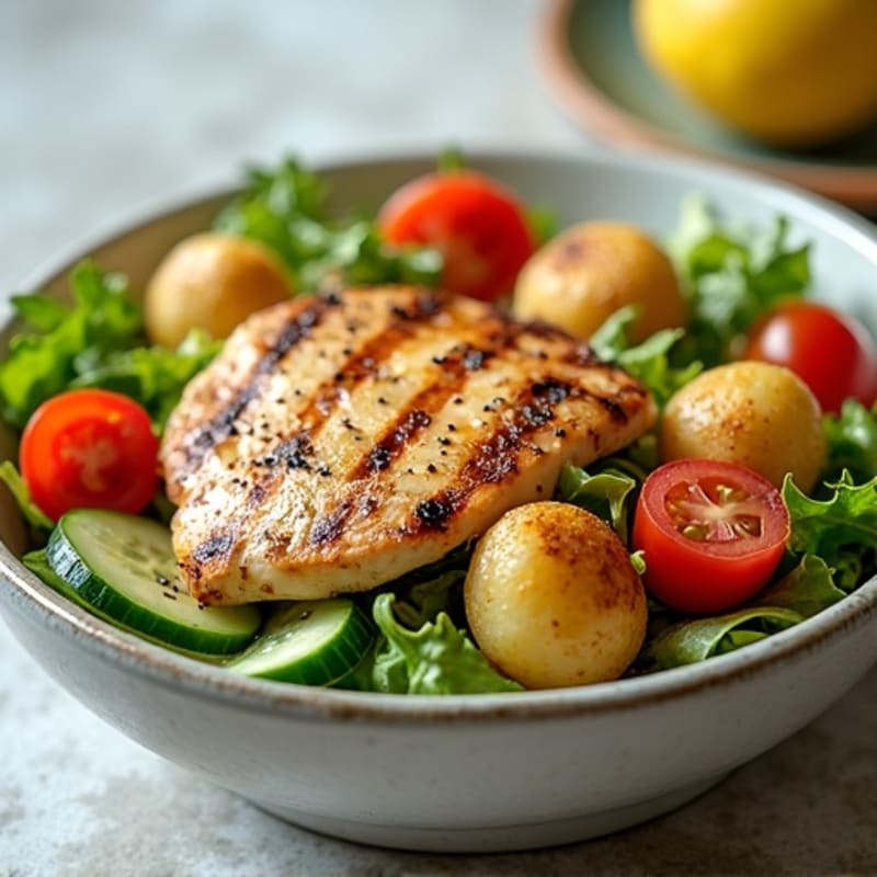 Grilled Chicken Breast Salad with Crunchy Greens & Roasted Potato Bites
