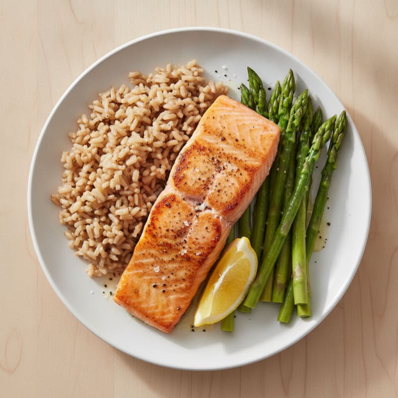 Seared Salmon Fillet with Steamed Asparagus and Brown Rice