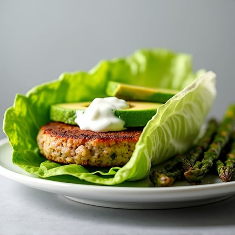 Turkey Burger Lettuce Wraps with Avocado and Grilled Asparagus