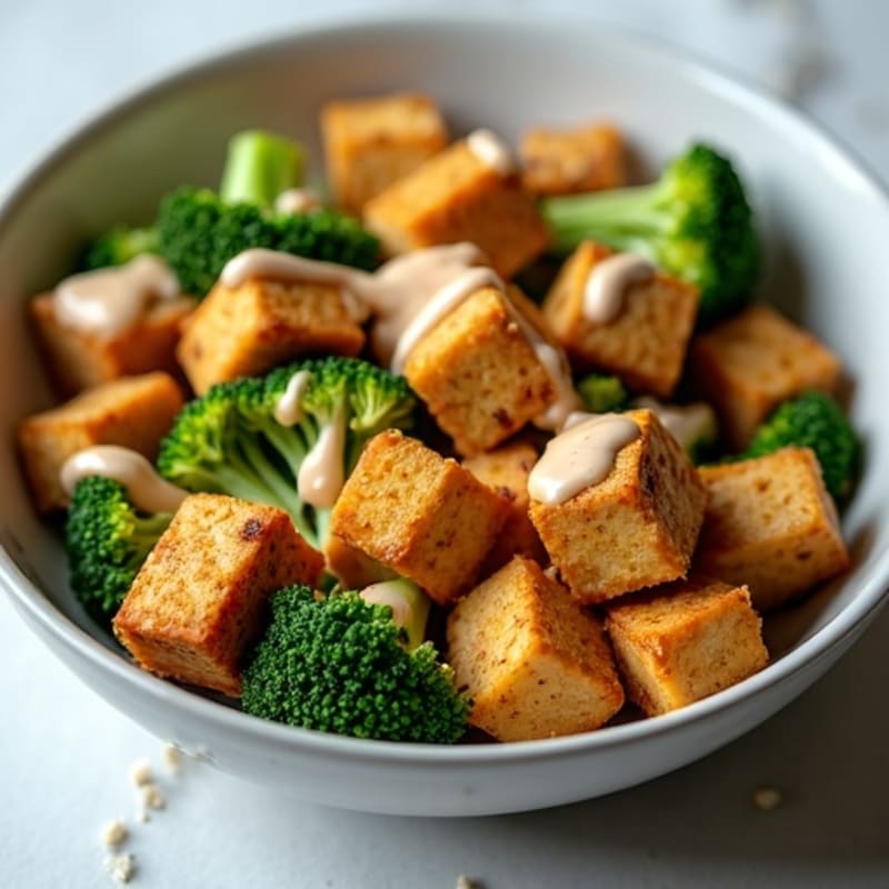 Crispy Baked Tofu with Roasted Broccoli and Creamy Peanut Sauce