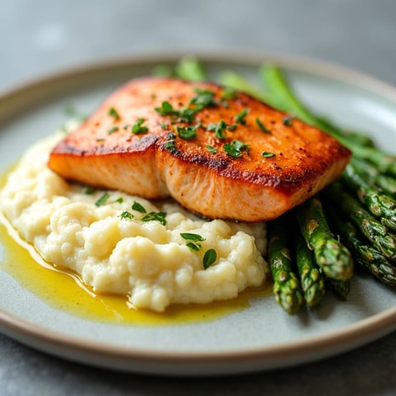 Seared Salmon with Roasted Asparagus and Cauliflower Mash