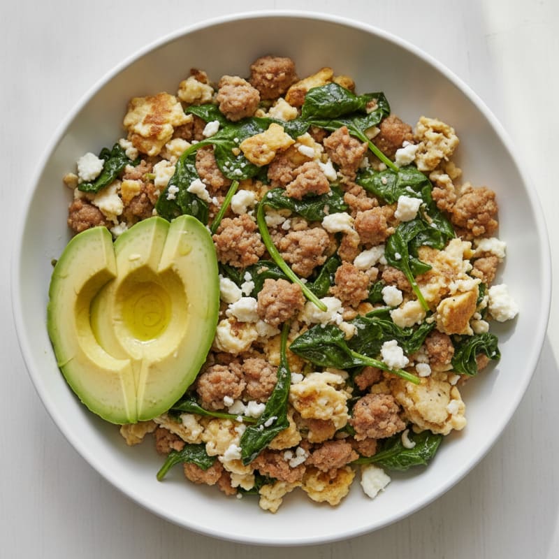 Egg White and Turkey Sausage Scramble with Spinach and Feta