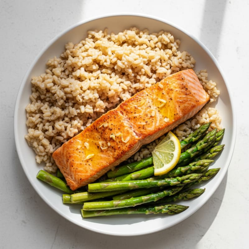 Seared Salmon with Steamed Asparagus and Brown Rice