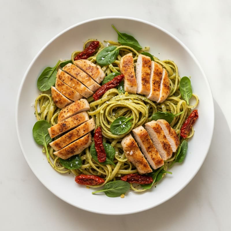 Pesto Chicken Linguine with Sun-Dried Tomatoes