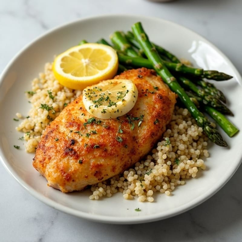 Crispy Lemon-Herb Roasted Chicken with Roasted Asparagus and Fluffy Quinoa