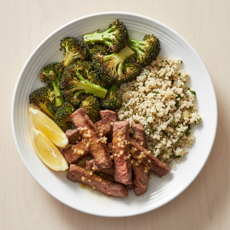 Seared Lean Beef Strips with Roasted Broccoli and Quinoa