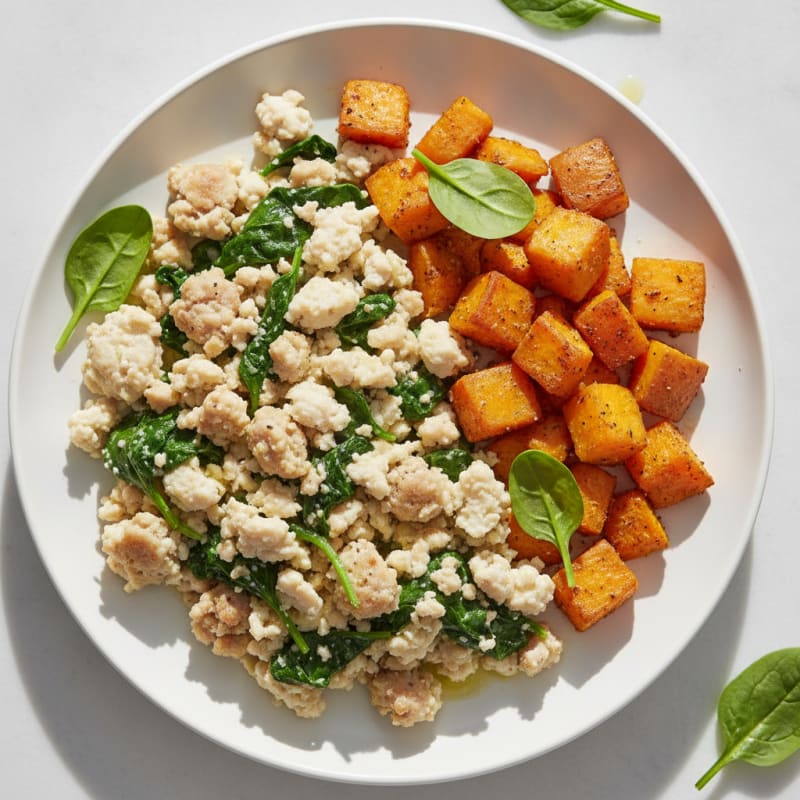 Egg White and Turkey Sausage Scramble with Spinach and Roasted Sweet Potatoes