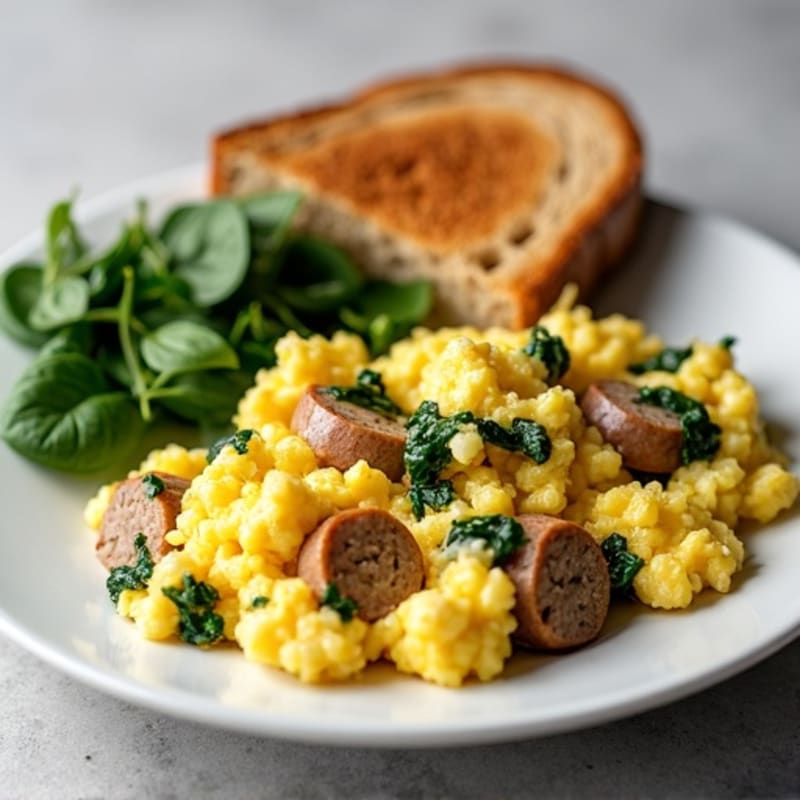 Egg White Scramble with Turkey Sausage, Spinach, and Whole Wheat Toast