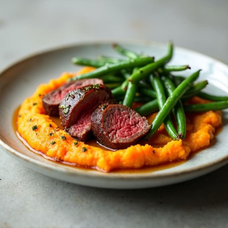 Seared Lean Beef with Garlic Green Beans and Sweet Potato Mash