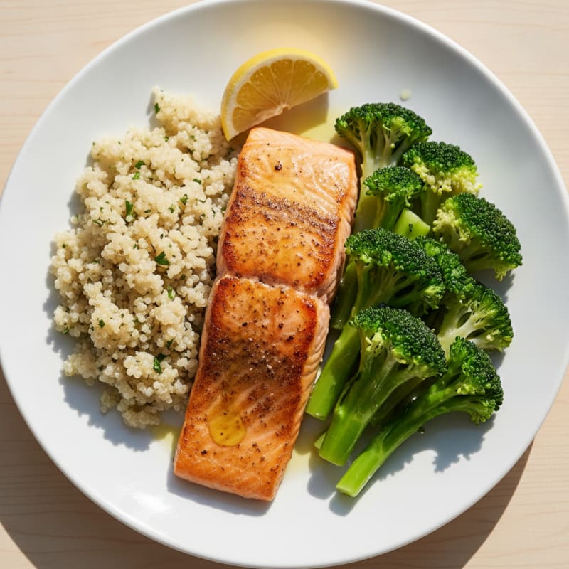 Seared Salmon Filet with Steamed Broccoli and Quinoa
