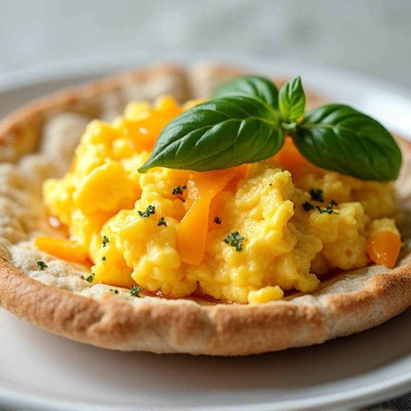 Fluffy Scrambled Eggs with Cheesy Whole Wheat Pita and Fresh Basil