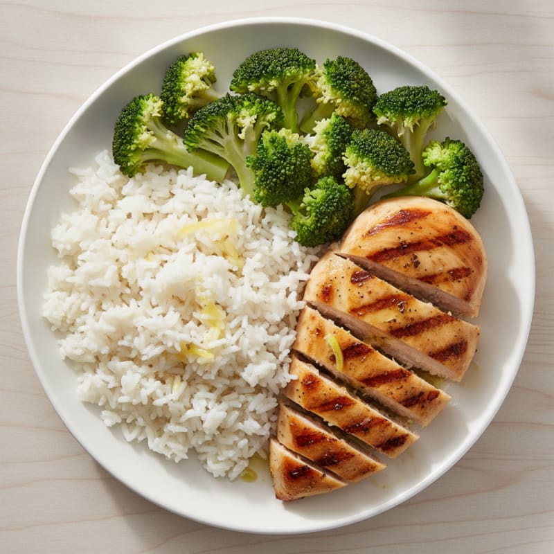 Grilled Chicken Breast with Steamed Broccoli and Jasmine Rice
