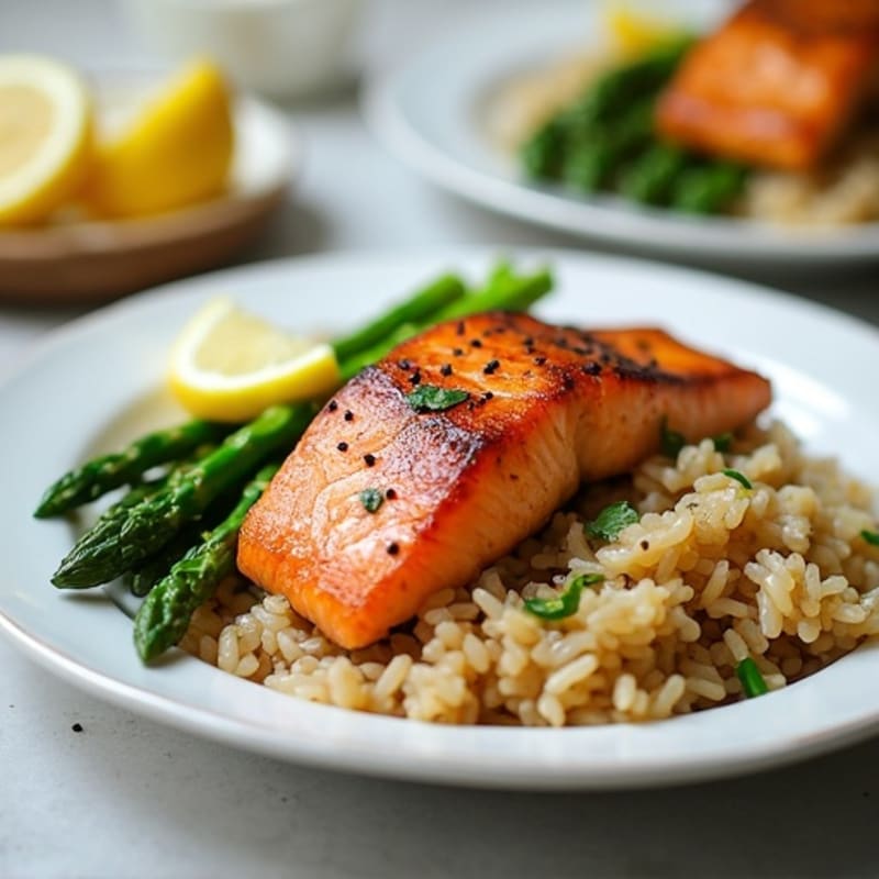 Seared Salmon with Steamed Asparagus and Brown Rice