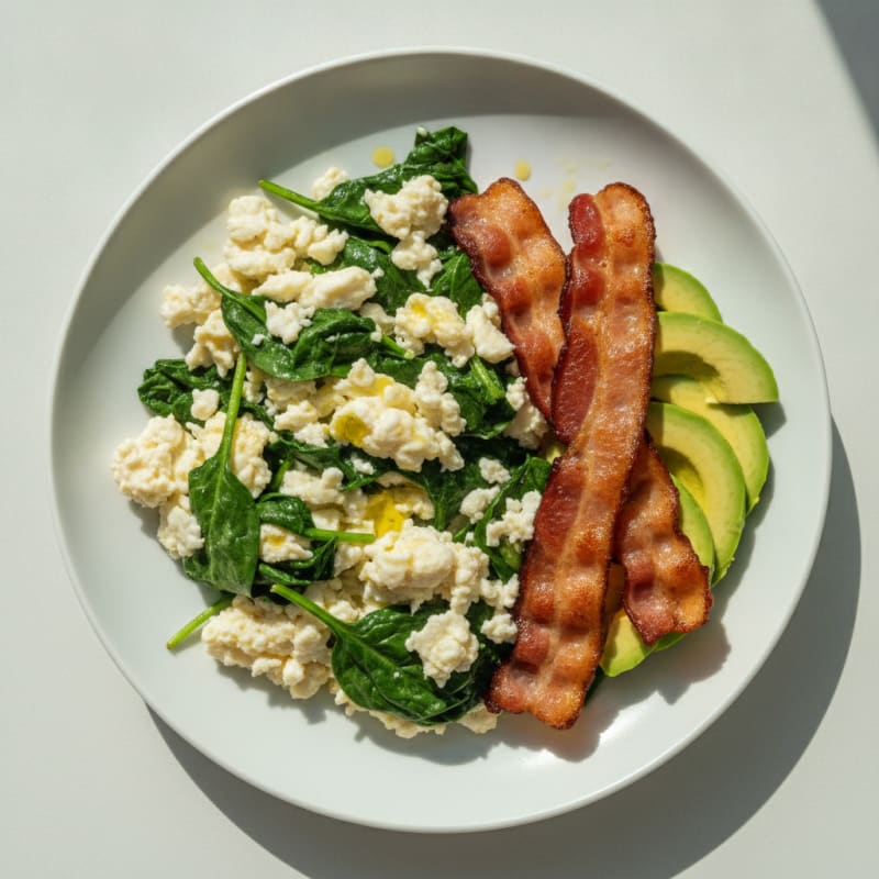 Scrambled Egg Whites with Sautéed Spinach and Turkey Bacon