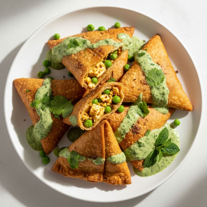 Paneer and Pea Samosas with Mint Chutney