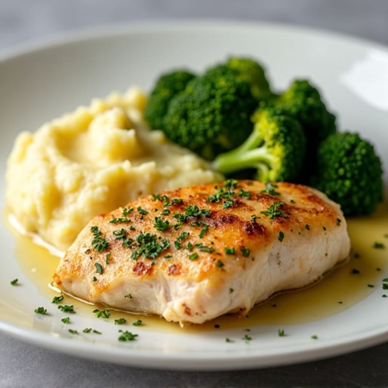 Lemon-Herb Roasted Chicken with Creamy Garlic Mashed Potatoes and Crispy Roasted Broccoli