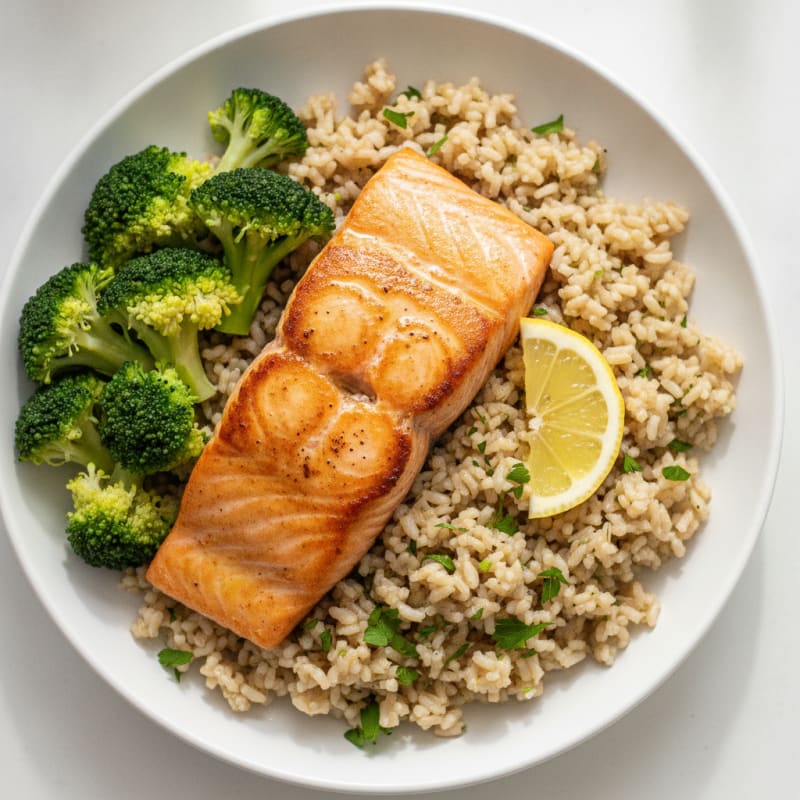 Seared Salmon with Steamed Broccoli and Herb Brown Rice