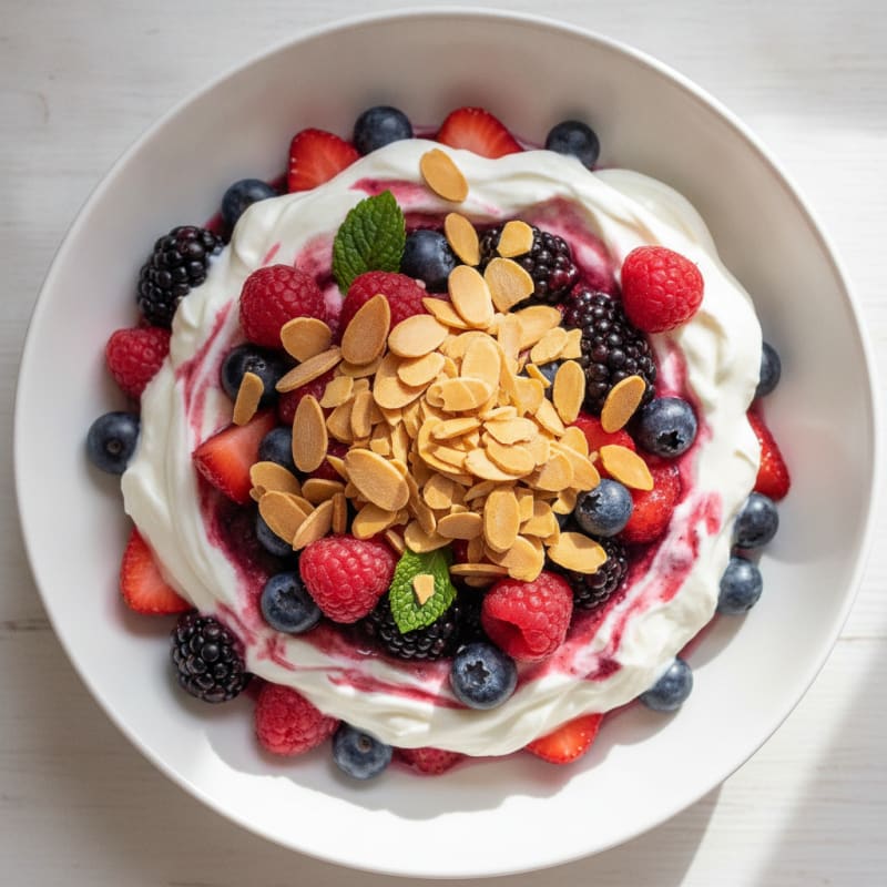 Greek Yogurt Protein Parfait with Mixed Berries and Almonds