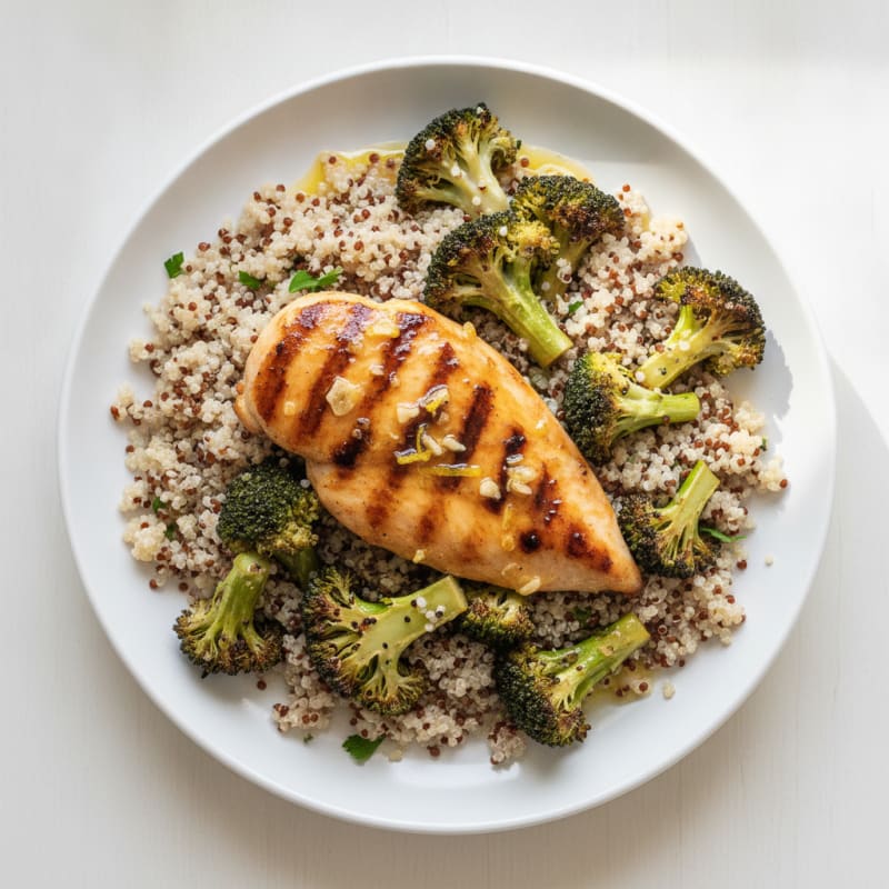 Grilled Lemon-Garlic Chicken Breast with Quinoa and Roasted Broccoli