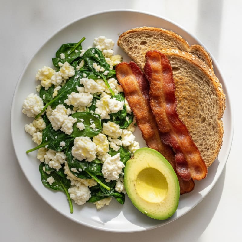 Egg White and Spinach Scramble with Cottage Cheese and Turkey Bacon